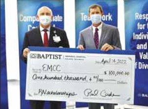 Baptist Memorial Hospital-Golden Triangle donated $100,000 to East Mississippi Community College to fund scholarships for students enrolled in the college’s nursing programs. Here, Baptist Golden Triangle Administrator Paul Cade, at left, presents a ceremonial check to EMCC President Dr. Scott Alsobrooks.